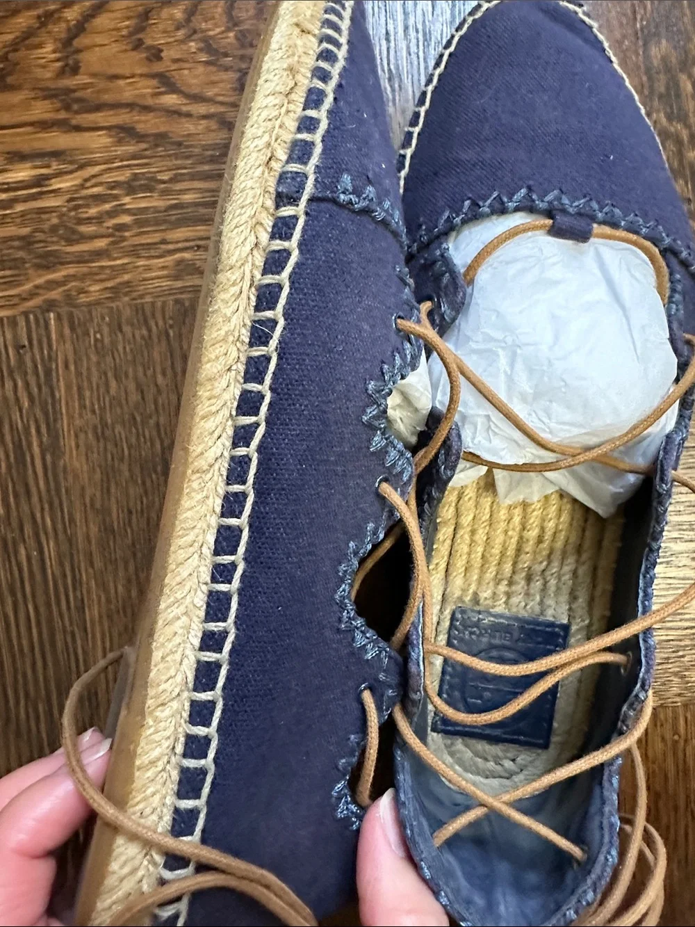 Tory Burch Navy Canvas Lace-Up Espadrille Flats with Tan Laces